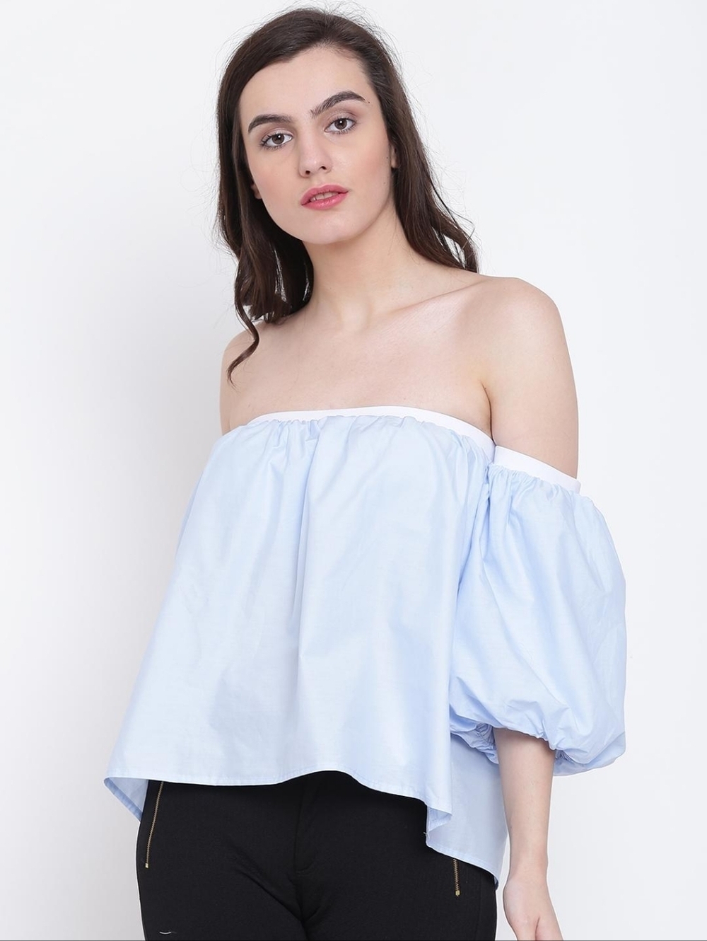 Forever 21 Light Blue Off-Shoulder Top with Cream Trim Puff Sleeve